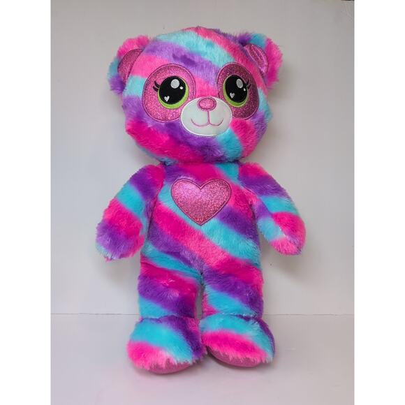 Build A Bear Heartables Panda Plush Pink Blue 16" Purple Striped Large Heart - Picture 1 of 7